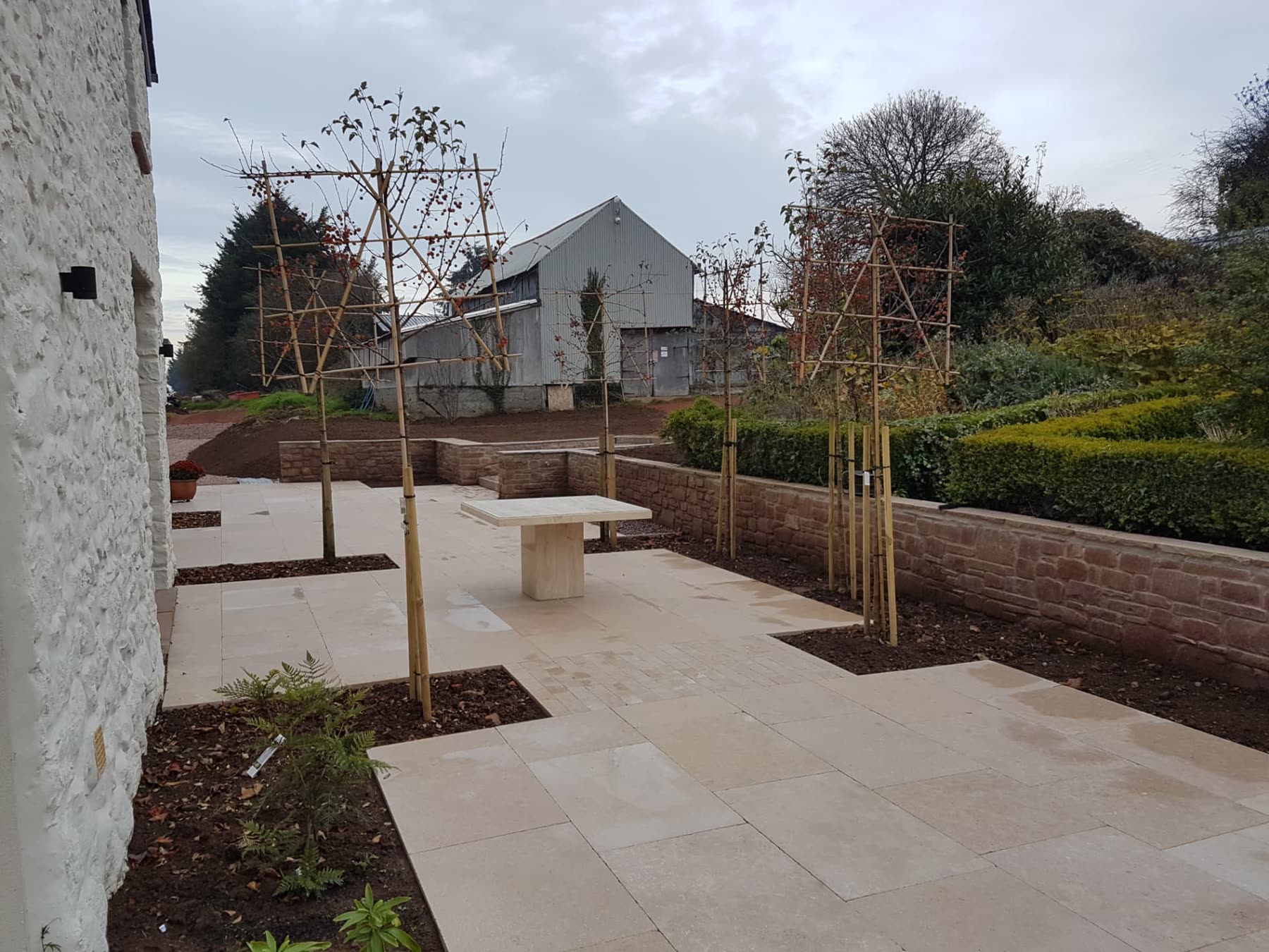 Limestone-paved terrace with newly planted trees and a sandstone retaining wall