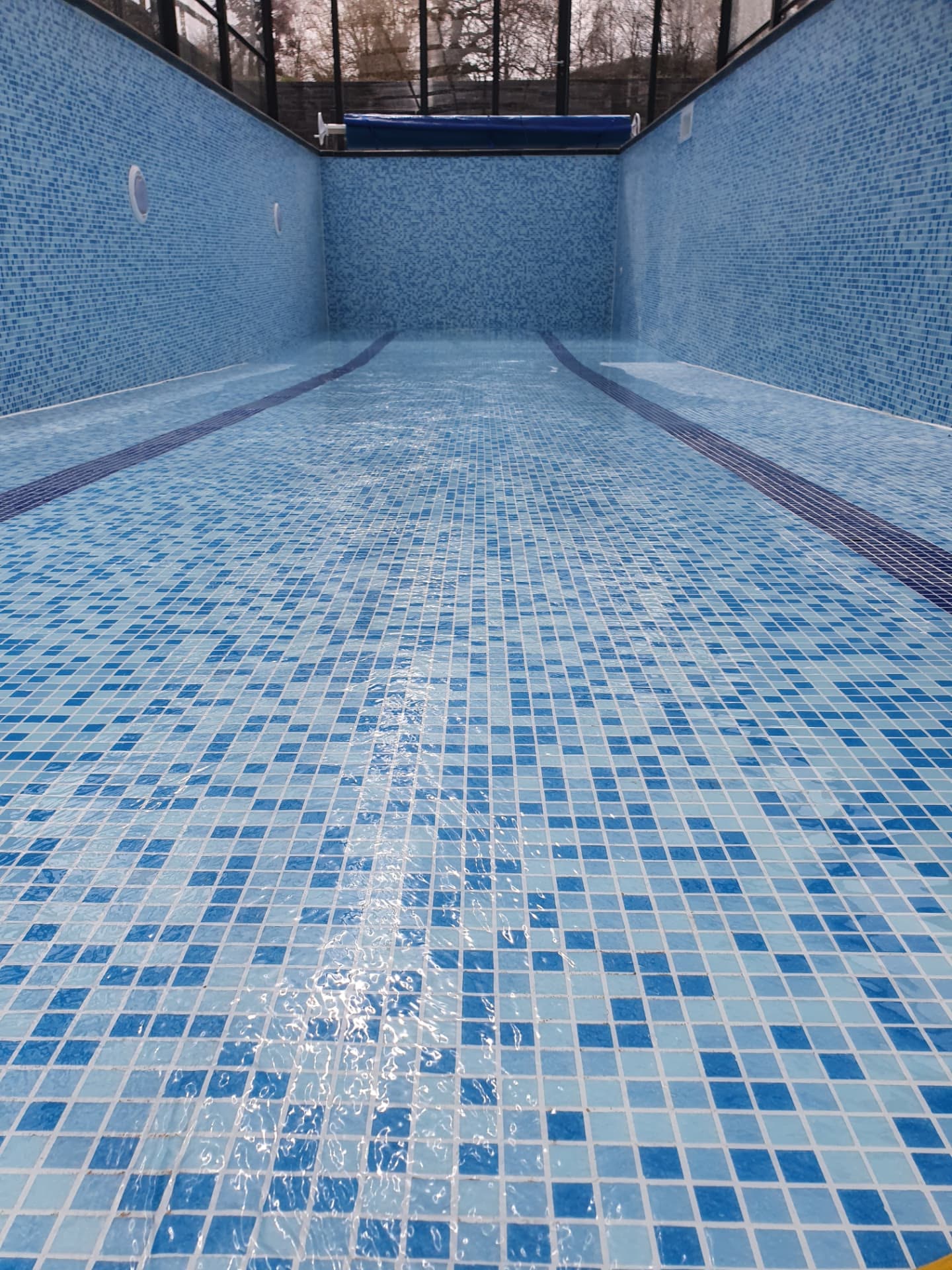 Close view of blue mosaic swimming pool tiling with lane markings below the water line